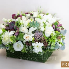 White and purple floral arrangement in a rectangular moss-covered container