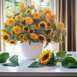 Large bouquet of sunflowers in a white vase with loose leaves on a table