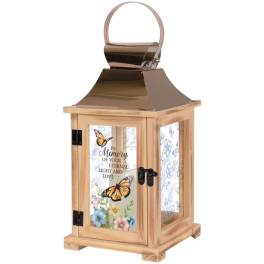 Wooden memorial lantern with butterfly and floral print panels