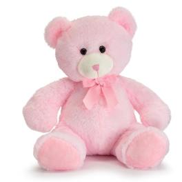 Pink teddy bear with a ribbon bow sitting on a white background
