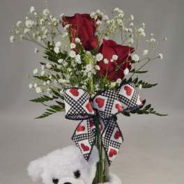 Classic Red Rose Bud Vase & Hugging Bear