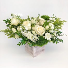Cream roses and white blooms in a square vase with green accents