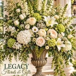 Large white and peach floral arrangement in an ornate urn vase