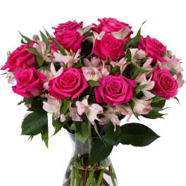 Hot Pink Roses & Pink Alstroemeria