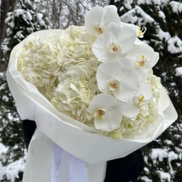 White hydrangea and orchid bouquet wrapped in white paper