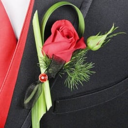 Red rose boutonniere with green accents pinned to a black suit