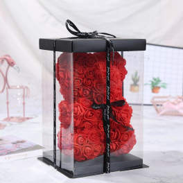 Red rose teddy bear in a clear gift box with a black ribbon