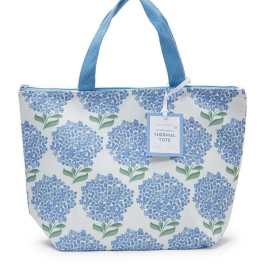 Blue hydrangea-patterned thermal tote bag with handles