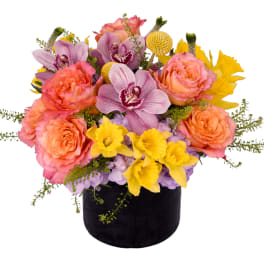 Mixed bouquet of pink roses, orchids, and yellow flowers in a black vase