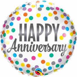 Round balloon with colorful polka dots and "Happy Anniversary" text