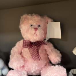 Pink teddy bear with a plaid bow and hanging tag