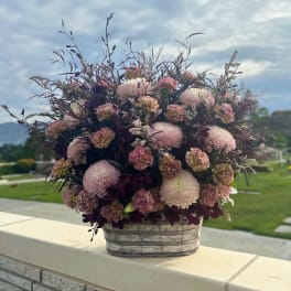 Pink and cream pompon flowers in a woven basket arrangement