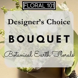 Graphic of a designer’s choice bouquet with mixed white flowers and text overlay.