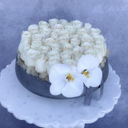 White roses arranged in a round black box with white orchids on the front.