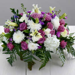 Bouquet of pink roses, white lilies, and white chrysanthemums