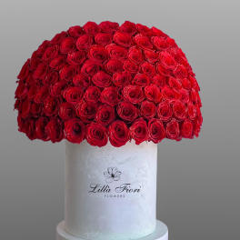 Large dome of red roses on a white pedestal box