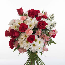 Bouquet of red roses, white daisies, and pink flowers