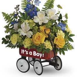 Bouquet in a red wagon with "It's a Boy!" text