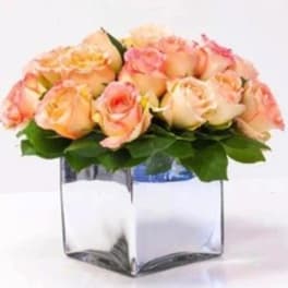 Peach and cream roses in a clear square vase