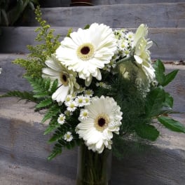 White gerbera daisies in a tall glass vase with greenery