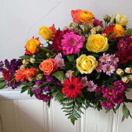 Colorful mixed bouquet with roses, gerbera daisies, and chrysanthemums