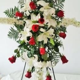 Standing floral spray with white lilies and red roses
