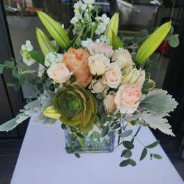Peach and cream roses with lilies, white blooms, and a succulent in a clear square vase