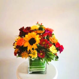 Colorful mixed flower arrangement in a square glass vase