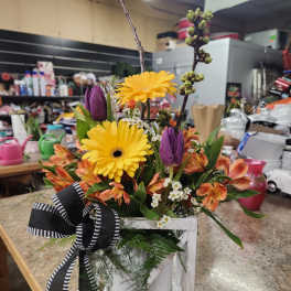 Mixed bouquet in a white wooden box with yellow daisies and purple tulips