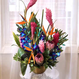 Tropical arrangement with pink ginger, bird of paradise, and orchids in a gold vase