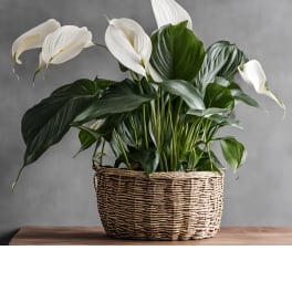 White peace lilies in a woven basket planter