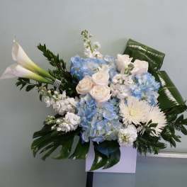 Blue hydrangeas and white roses with calla lilies in a box arrangement