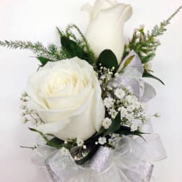 White rose bouquet with baby's breath and sheer ribbon