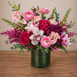 Blushing Garden – Roses, Ranunculus, Lilies & Orchid Arrangement