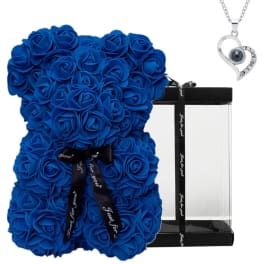 Blue rose teddy bear with a gift box and heart pendant necklace