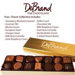 Gold rectangular box of assorted gourmet chocolates with flavor list and DeBrand logo