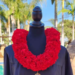 Red floral lei draped over a dark graduation gown