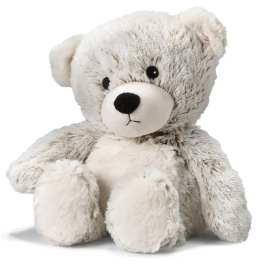 Plush teddy bear with white and gray fur sitting on a white background