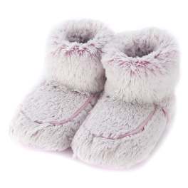 Pair of fluffy pink-and-white fur baby booties
