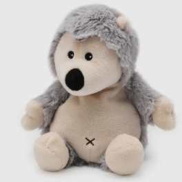 Gray and beige plush hedgehog stuffed animal sitting upright