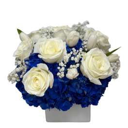 White roses and blue hydrangeas in a square vase