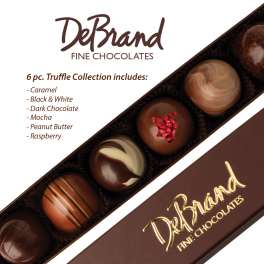 Box of six assorted round chocolate truffles in a slim brown gift box.