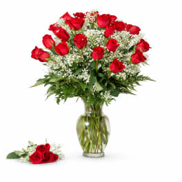 Red roses in a glass vase with baby's breath and greenery