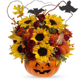 Halloween arrangement in a jack-o'-lantern pumpkin container with sunflowers and roses