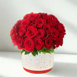 Red roses arranged in a round white speckled vase