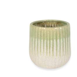Small ribbed ceramic planter in pale green and cream