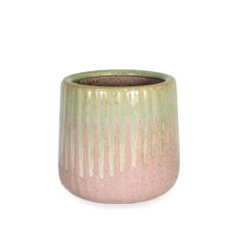Small pastel ceramic planter with a pink and green drip glaze