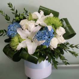 White lilies, blue hydrangeas, and green chrysanthemums in a round box