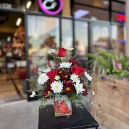 Red roses and white daisies arranged in a decorative square vase