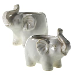 Two white ceramic elephant planters with raised trunks